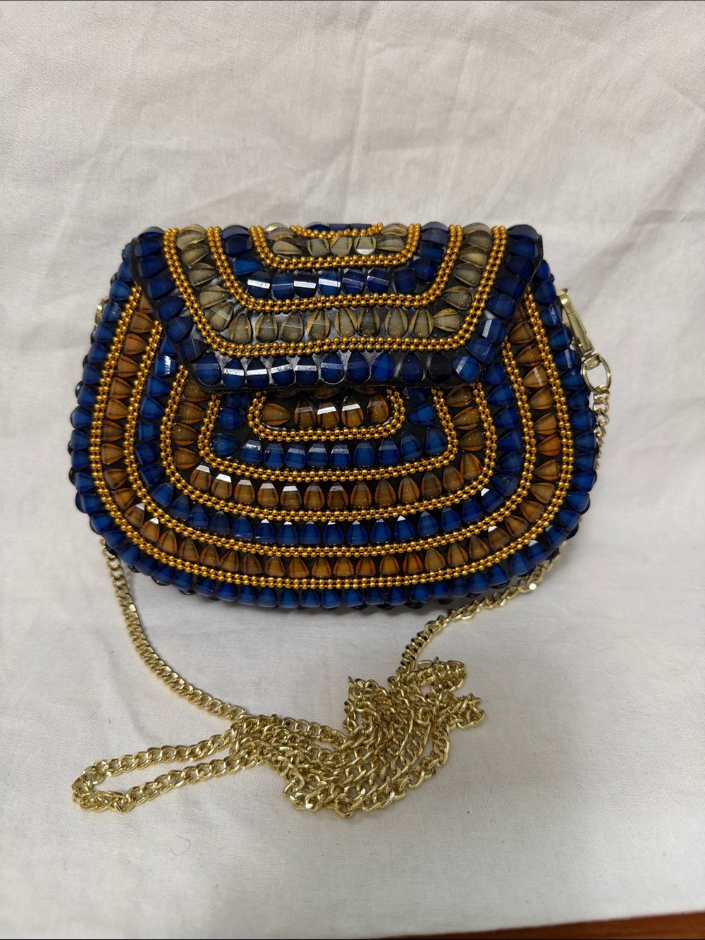 Beaded Blue & Gold Women's Crossbody Bag with Chain Strap
